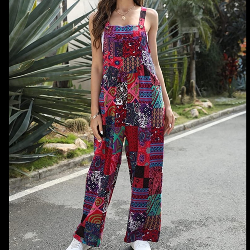 Women's jumpsuit Loose Colorblock Floral Print Wide Leg Button Bib Overall